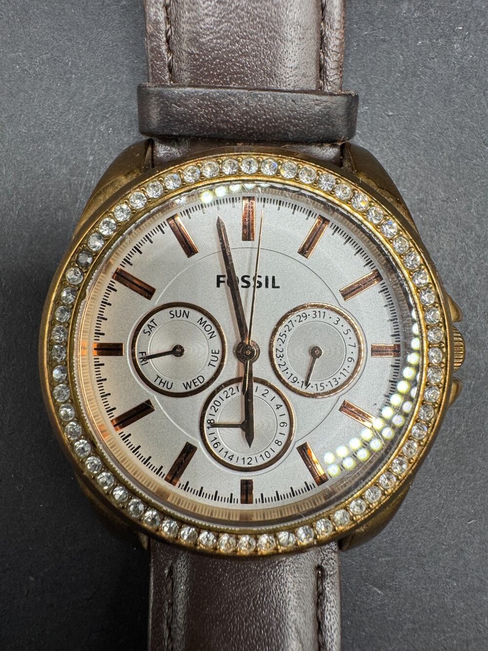 Fossil Watch Women’s Brown Leather Strap Diamond Face Gold Tone Watch BQX3383